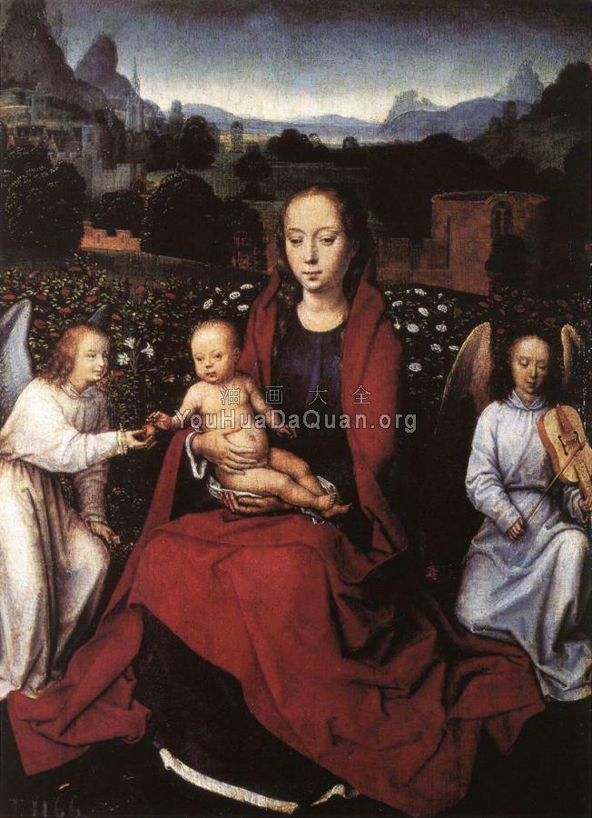 Virgin and Child in a Rose-Garden with Two Angels - 汉斯·梅姆林